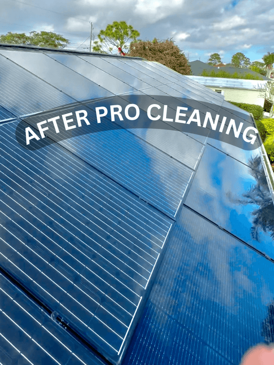 Solar panel with 'After Pro Cleaning' label, showing clean equipment.