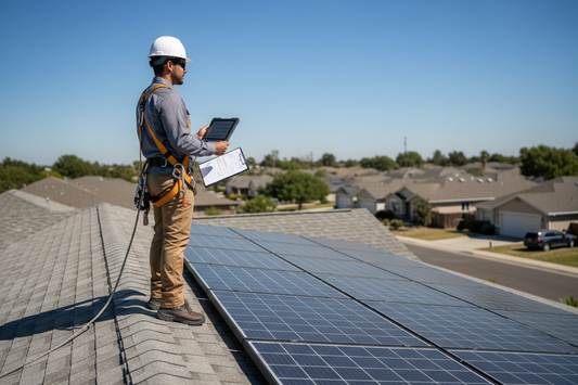 generate an inspector looking at solar panels on top of a roof - make the inspector at least 2 feet away from the solar panels.