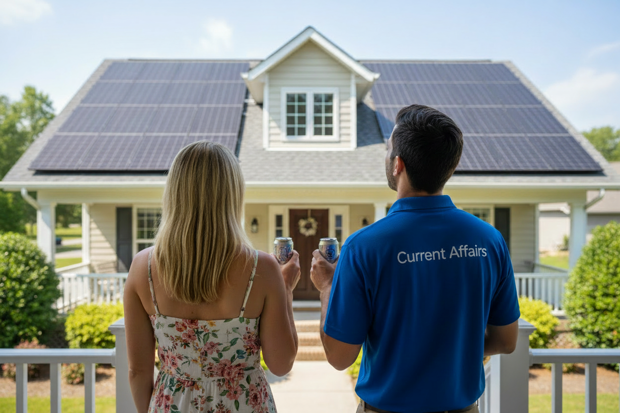 remove the logo on the technician's polo shirt. there should be the text "Current Affairs" and thats it.